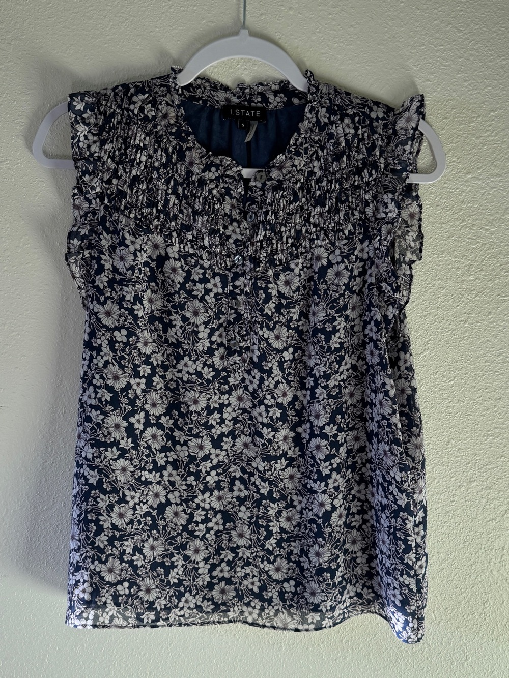 1. State Navy & White Floral Smocked Ruffle Tank
